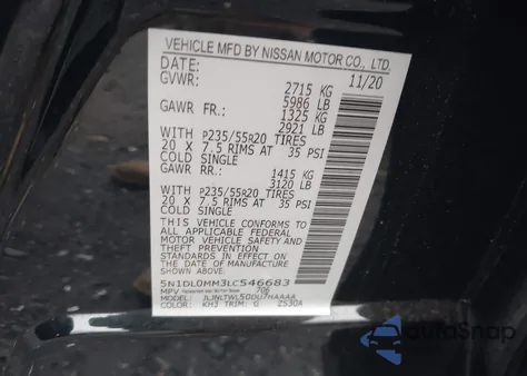 2020 Infiniti Qx60 Signature Edition Awd z USA, uszkodzony, nr VIN 5N1DL0MM3LC546683